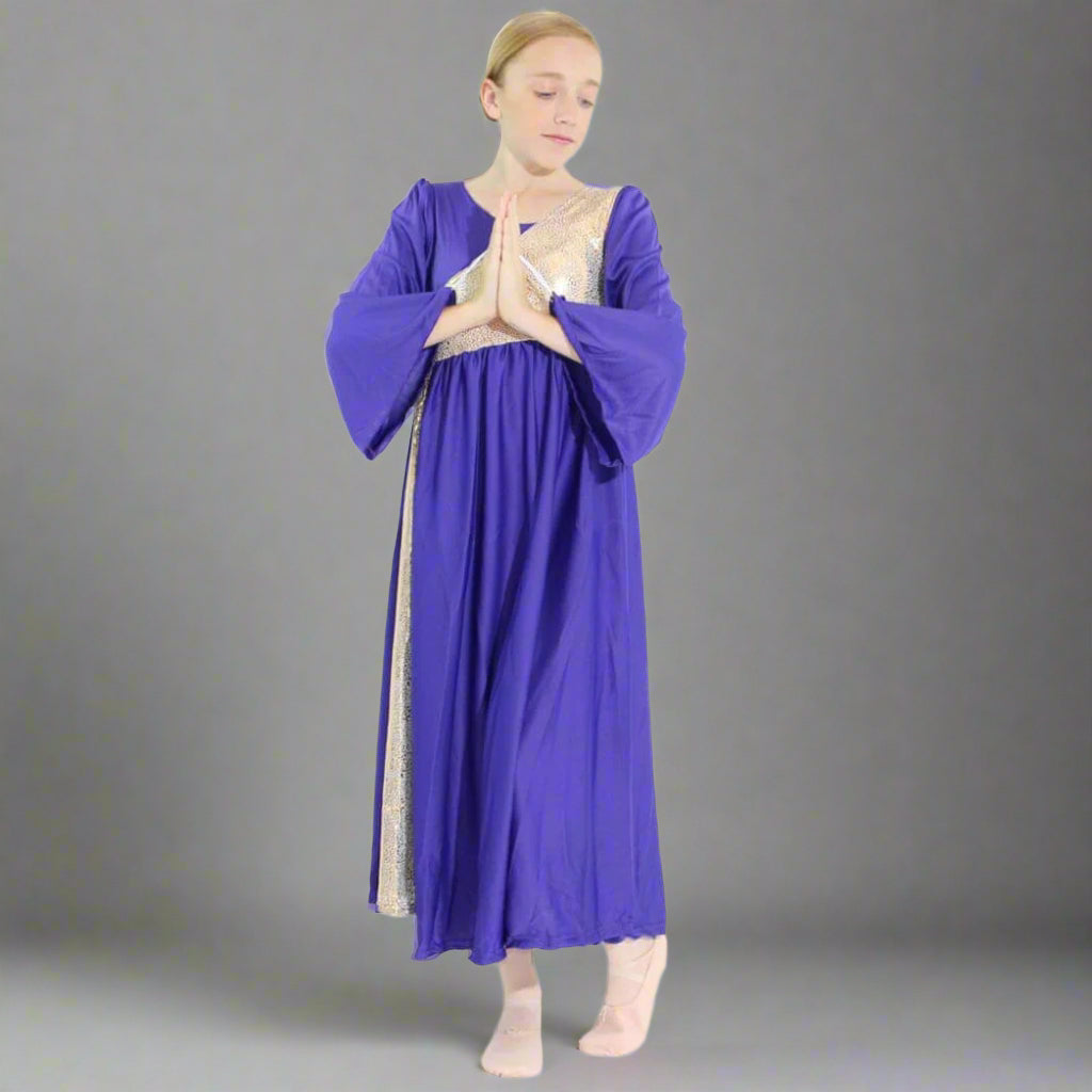 Danzcue Shimmery Asymmetrical Bell Sleeve Child Praise Dance Dress - Deep Purple-Gold