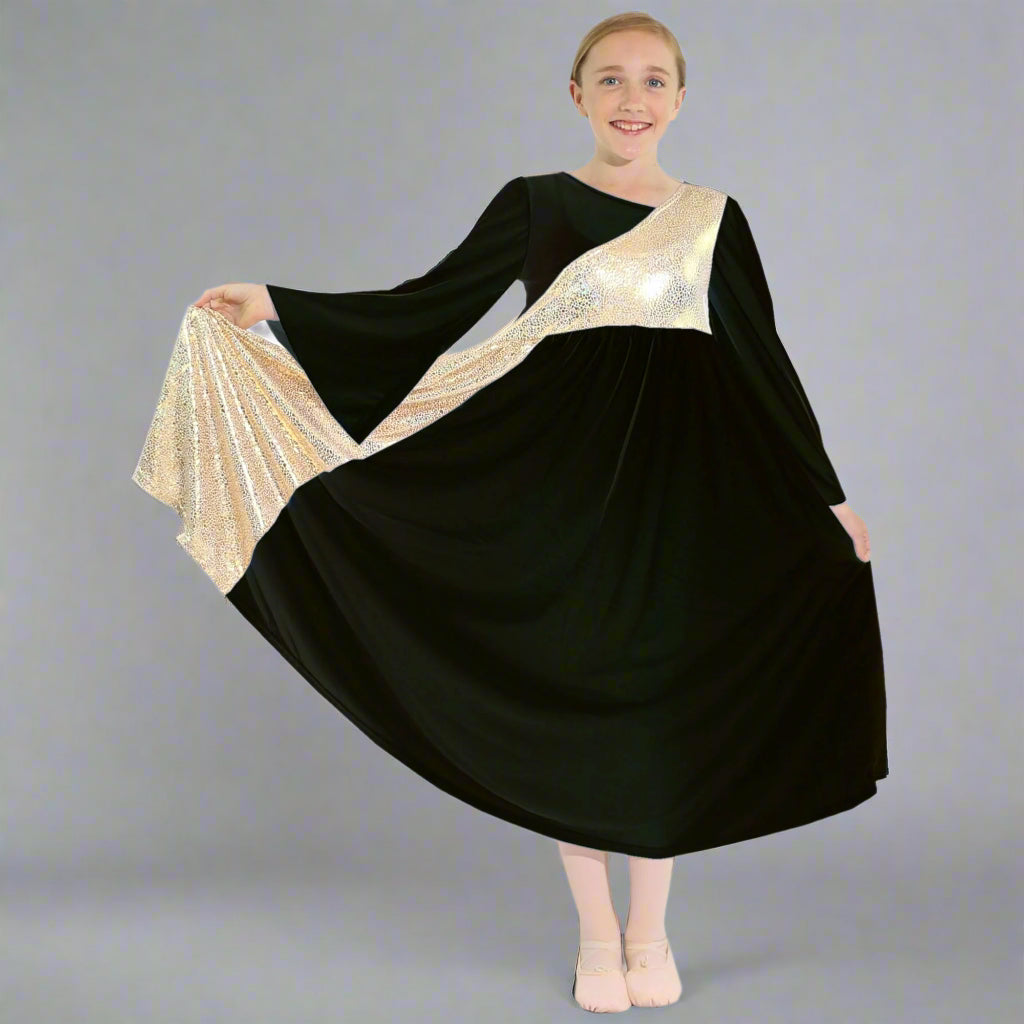 Danzcue Shimmery Asymmetrical Bell Sleeve Child Praise Dance Dress - Black-Gold