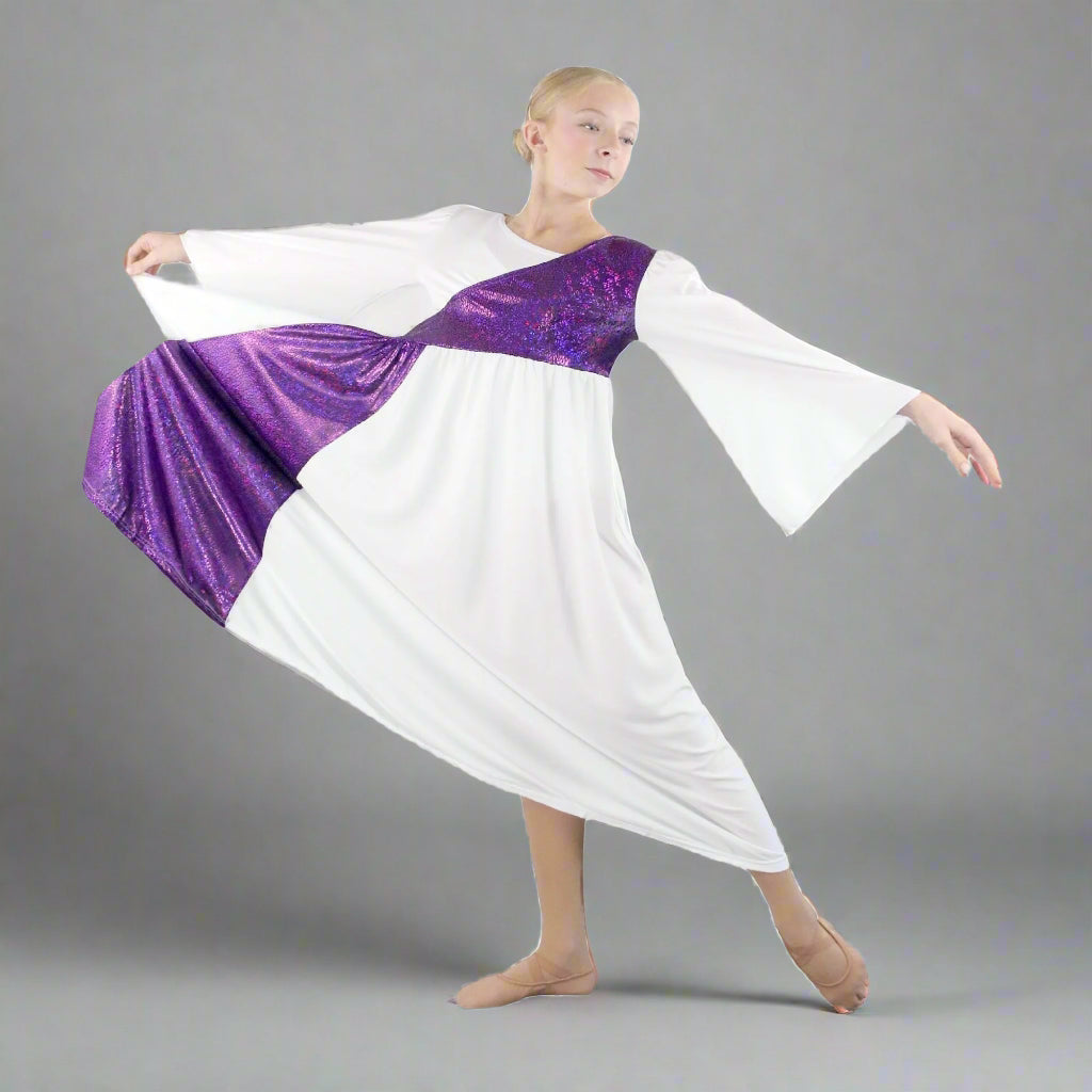 Danzcue Shimmery Asymmetrical Bell Sleeve Child Praise Dance Dress - White-Violet