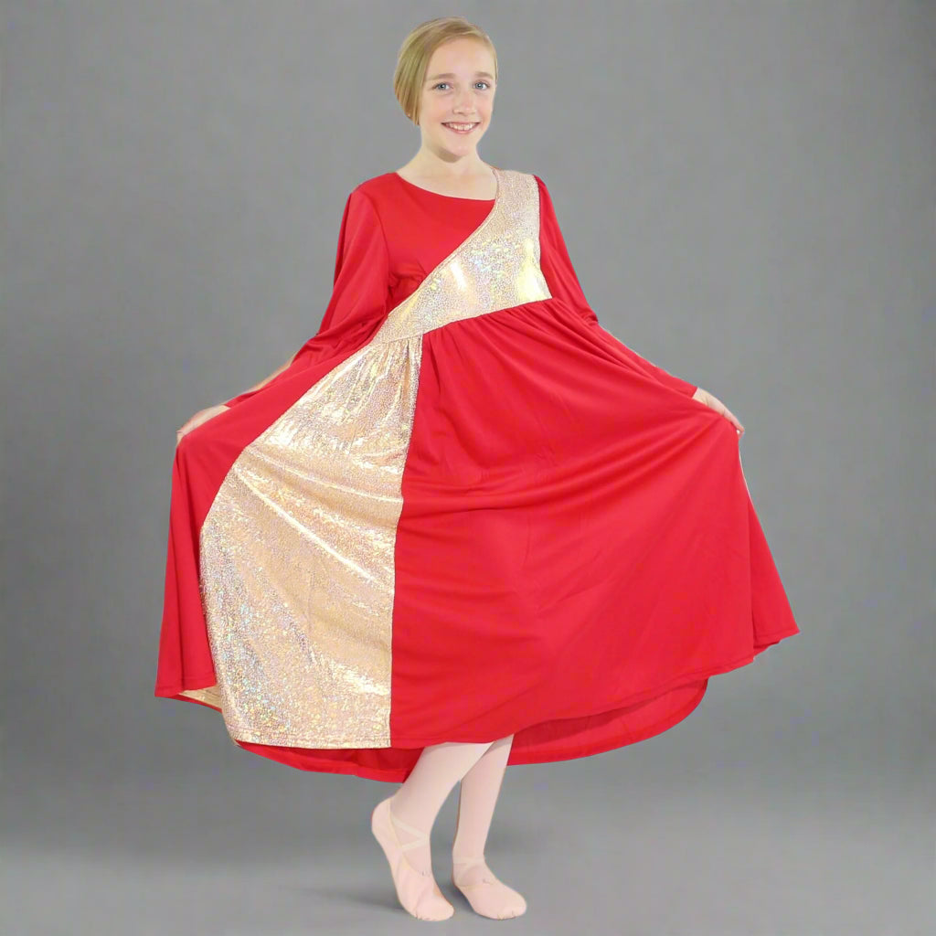Danzcue Shimmery Asymmetrical Bell Sleeve Child Praise Dance Dress - Scarlet-Gold