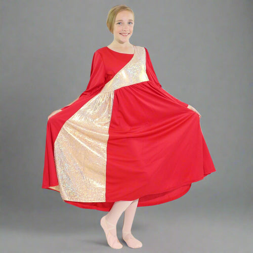 Danzcue Shimmery Asymmetrical Bell Sleeve Child Praise Dance Dress - Scarlet-Gold