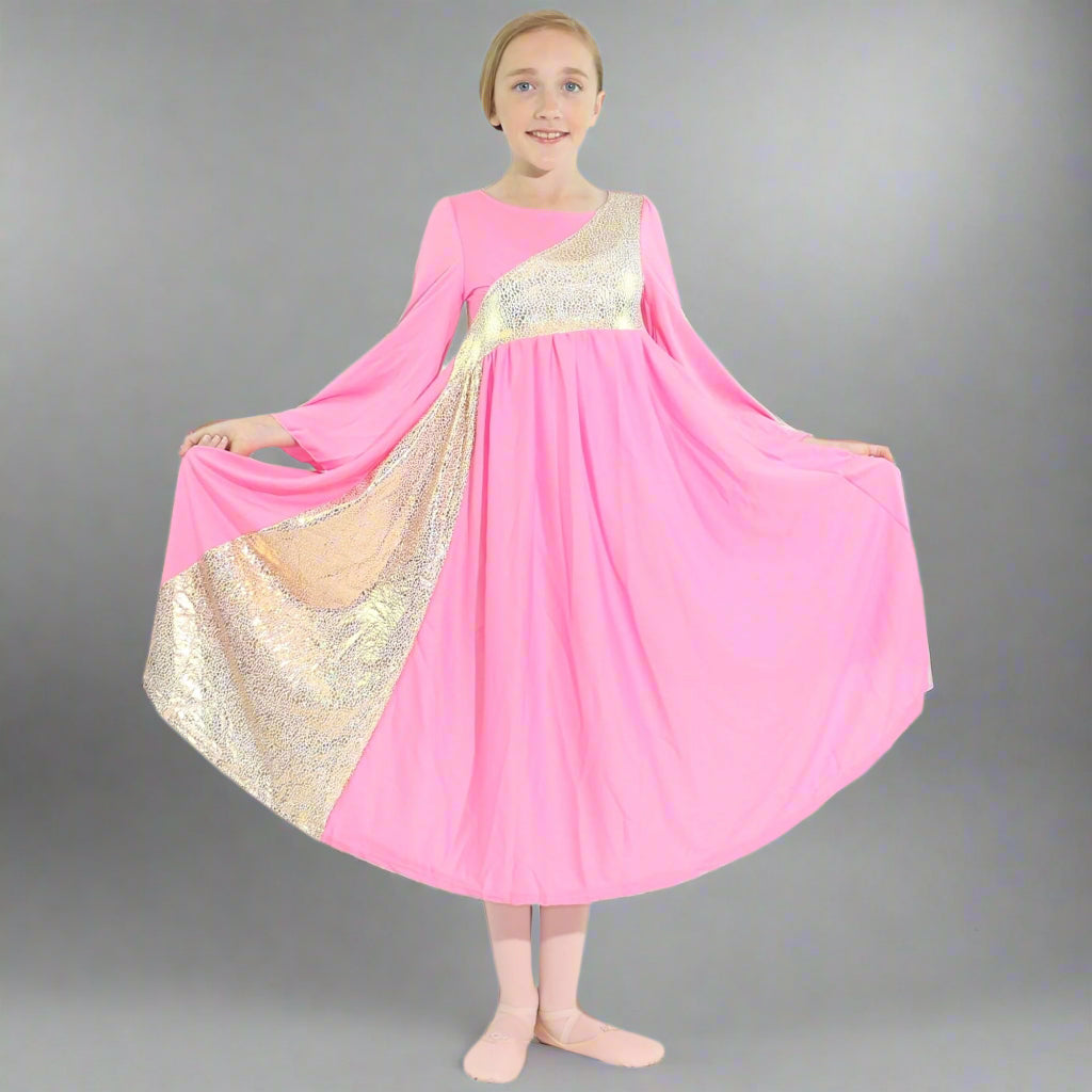 Danzcue Shimmery Asymmetrical Bell Sleeve Child Praise Dance Dress - Pink-Gold
