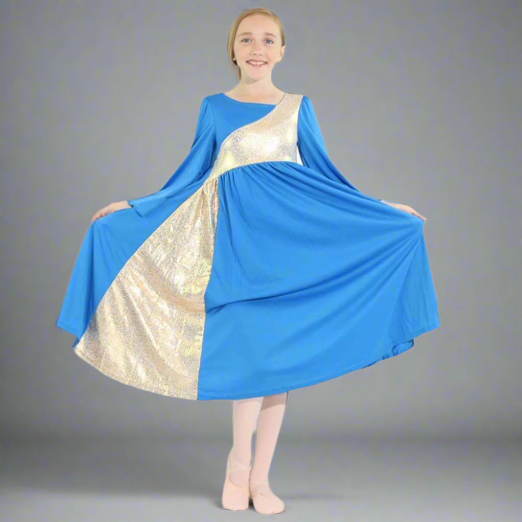 Danzcue Shimmery Asymmetrical Bell Sleeve Child Praise Dance Dress - Bright Royal-Gold