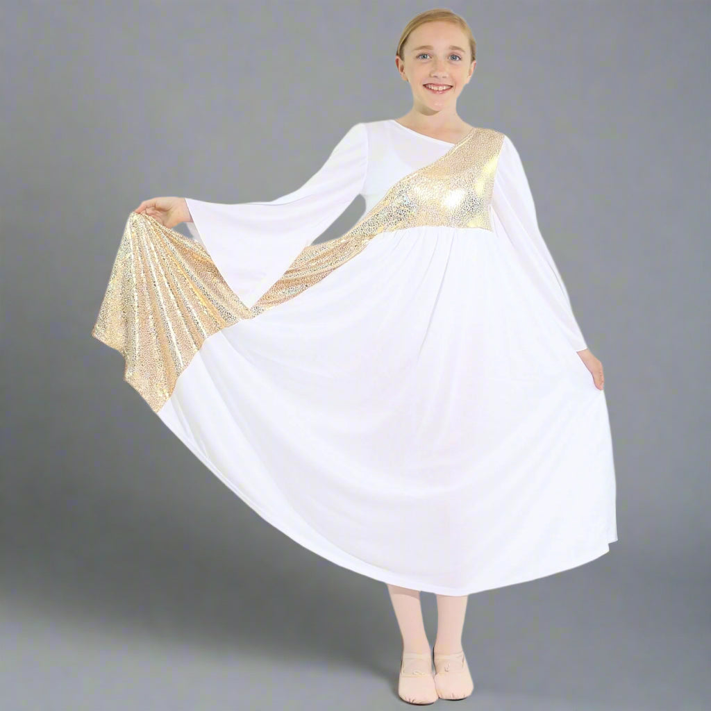 Danzcue Shimmery Asymmetrical Bell Sleeve Child Praise Dance Dress