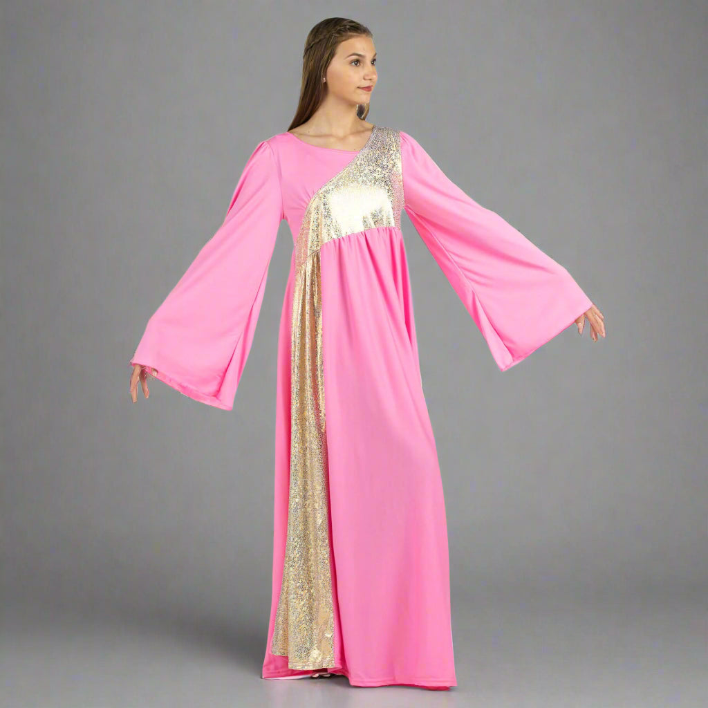 Danzcue Praise Dance Shimmery Asymmetrical Bell Sleeve Dress - Pink-Gold