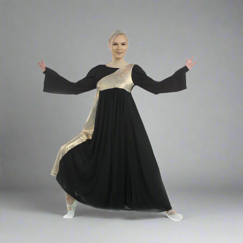 Danzcue Praise Dance Shimmery Asymmetrical Bell Sleeve Dress - Black-Gold