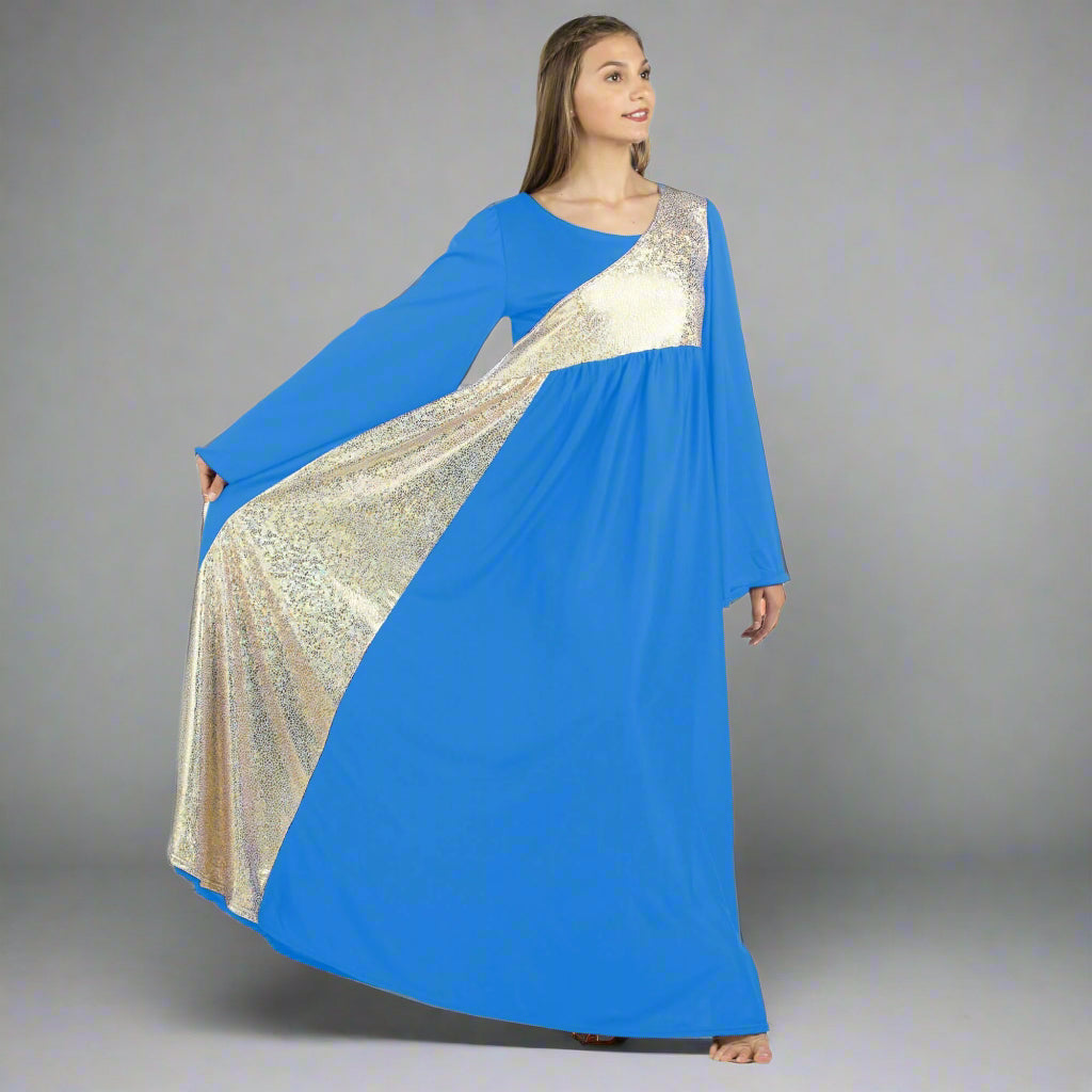 Danzcue Praise Dance Shimmery Asymmetrical Bell Sleeve Dress Bright Royal-Gold / S-Adult
