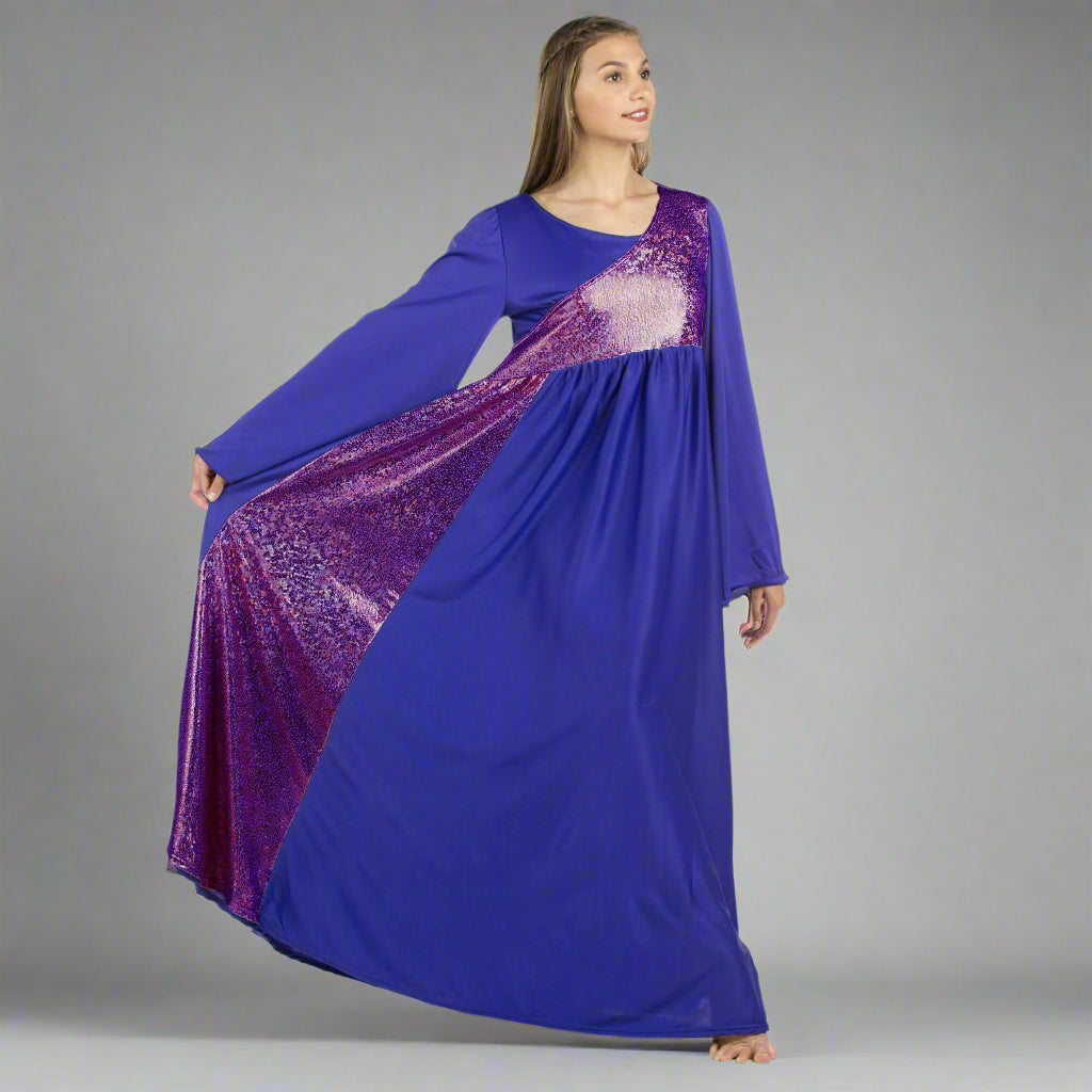 Danzcue Praise Dance Shimmery Asymmetrical Bell Sleeve Dress - Deep Purple-Violet