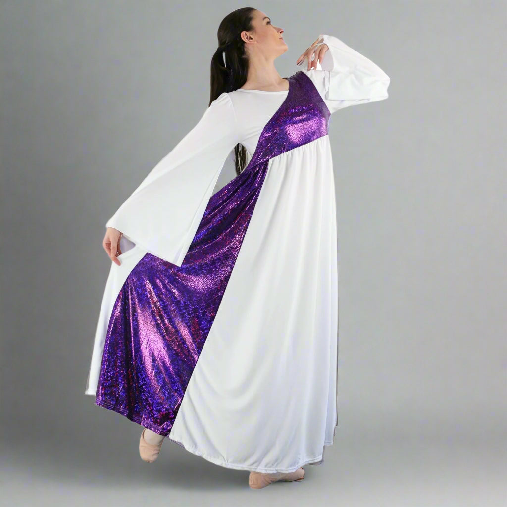 Danzcue Praise Dance Shimmery Asymmetrical Bell Sleeve Dress - White-Violet
