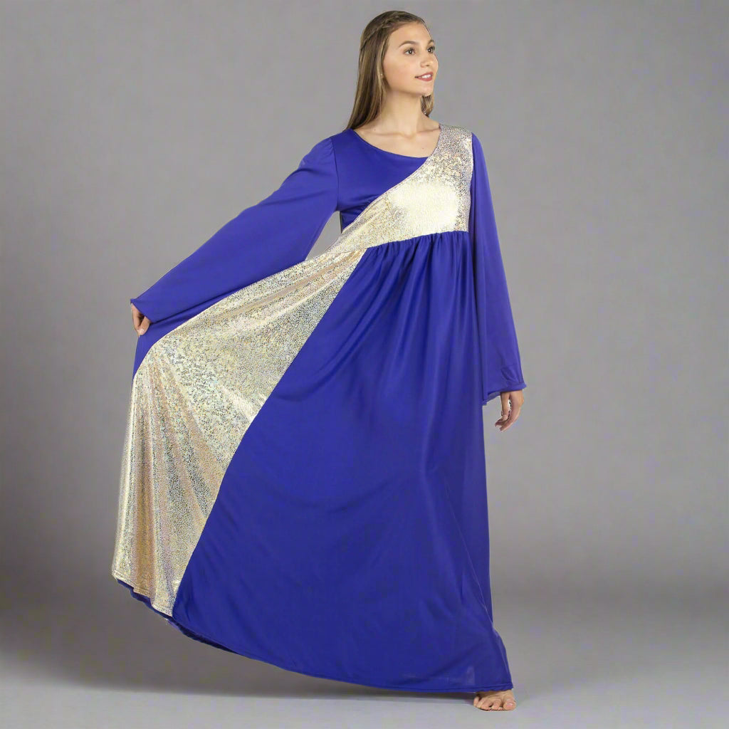 Danzcue Praise Dance Shimmery Asymmetrical Bell Sleeve Dress Deep Purple-Gold / S-Adult