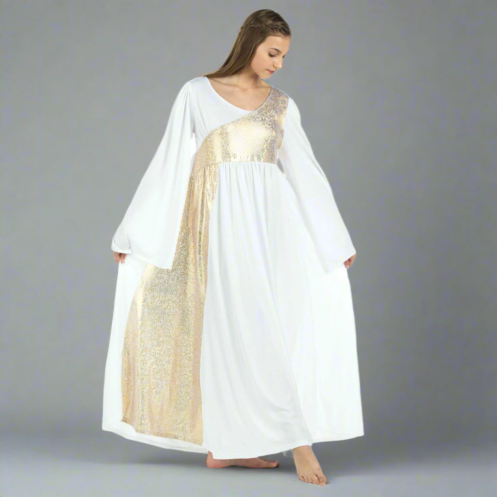 Danzcue Praise Dance Shimmery Asymmetrical Bell Sleeve Dress White-Gold / 4XL-Adult Danzcue Praise Dance Shimmery Asymmetrical Bell Sleeve Dress White-Gold / 4XL-Adult