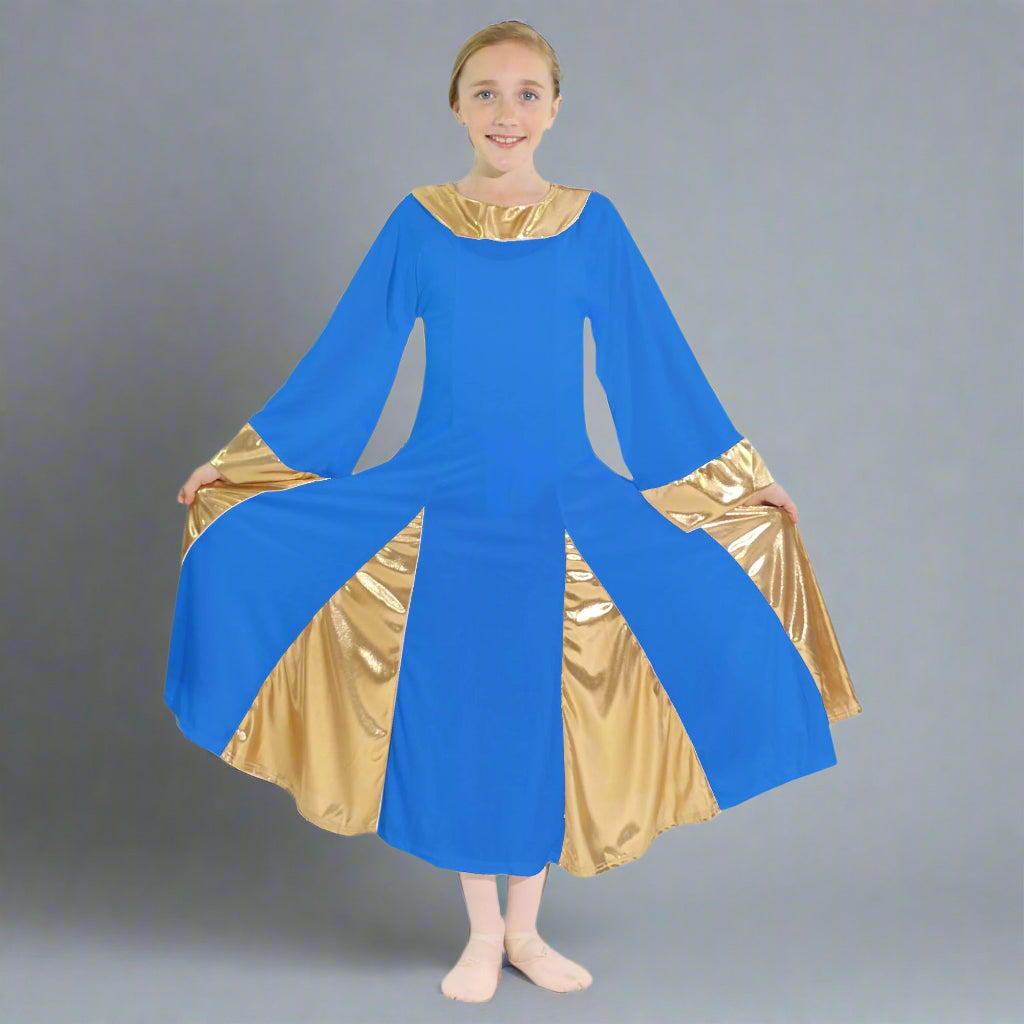 blue and gold praise dance dress Women's Praise Dance Dress Irregular Gold Metallic Long Sleeve Liturgical  Worship Church Lyrical Dance Costume
