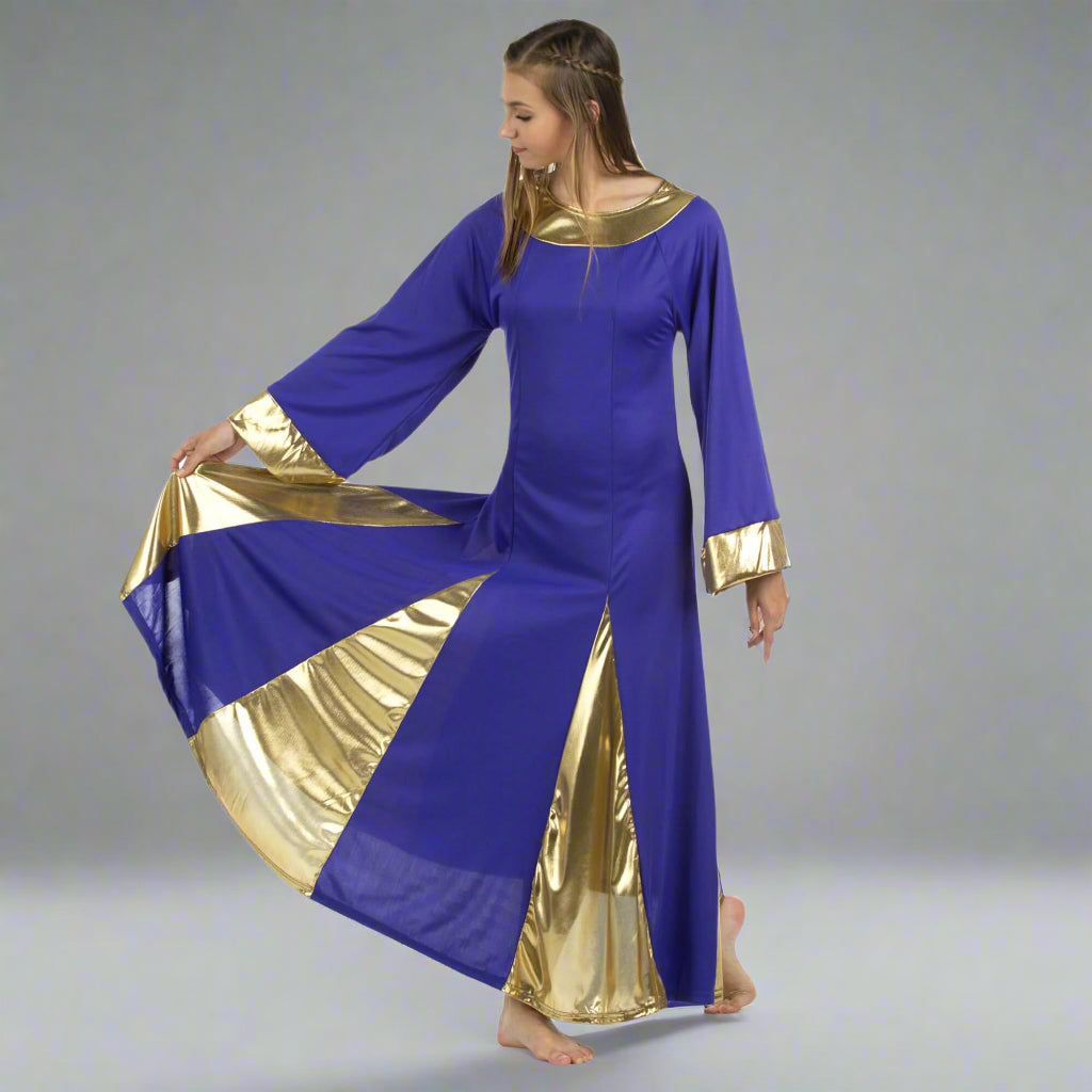 purple and gold praise dance dresses Miutii Women's Metallic Gold Color Block Church Worship Dress Dancewear Praise Liturgical Dance Dark Purple L, Size: Large