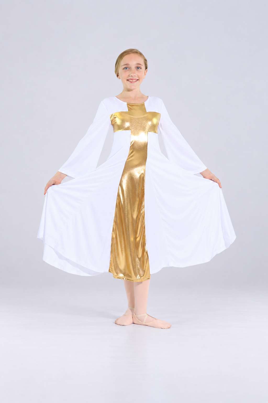 Child Metallic Panel Flared Cross Long Dress