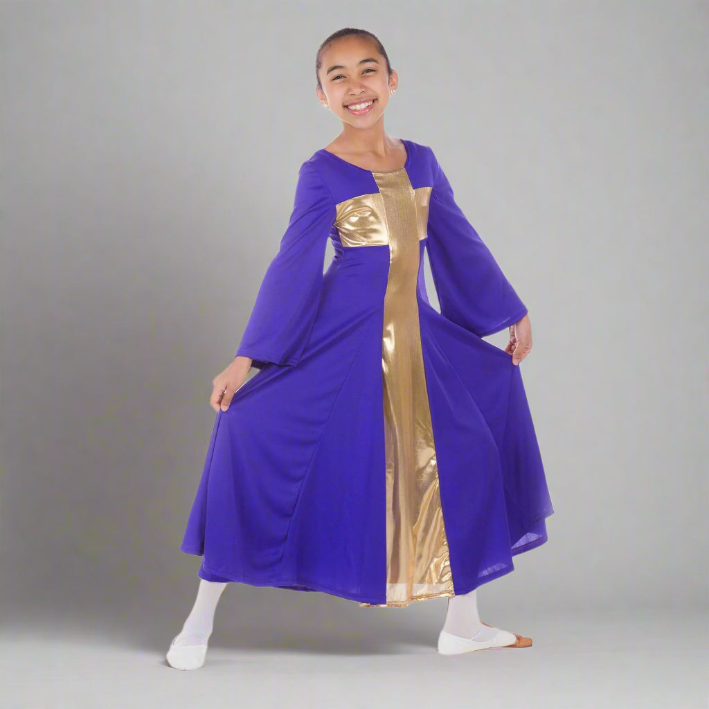 Danzcue Child Praise Cross Long Dress - Deep Purple-Gold