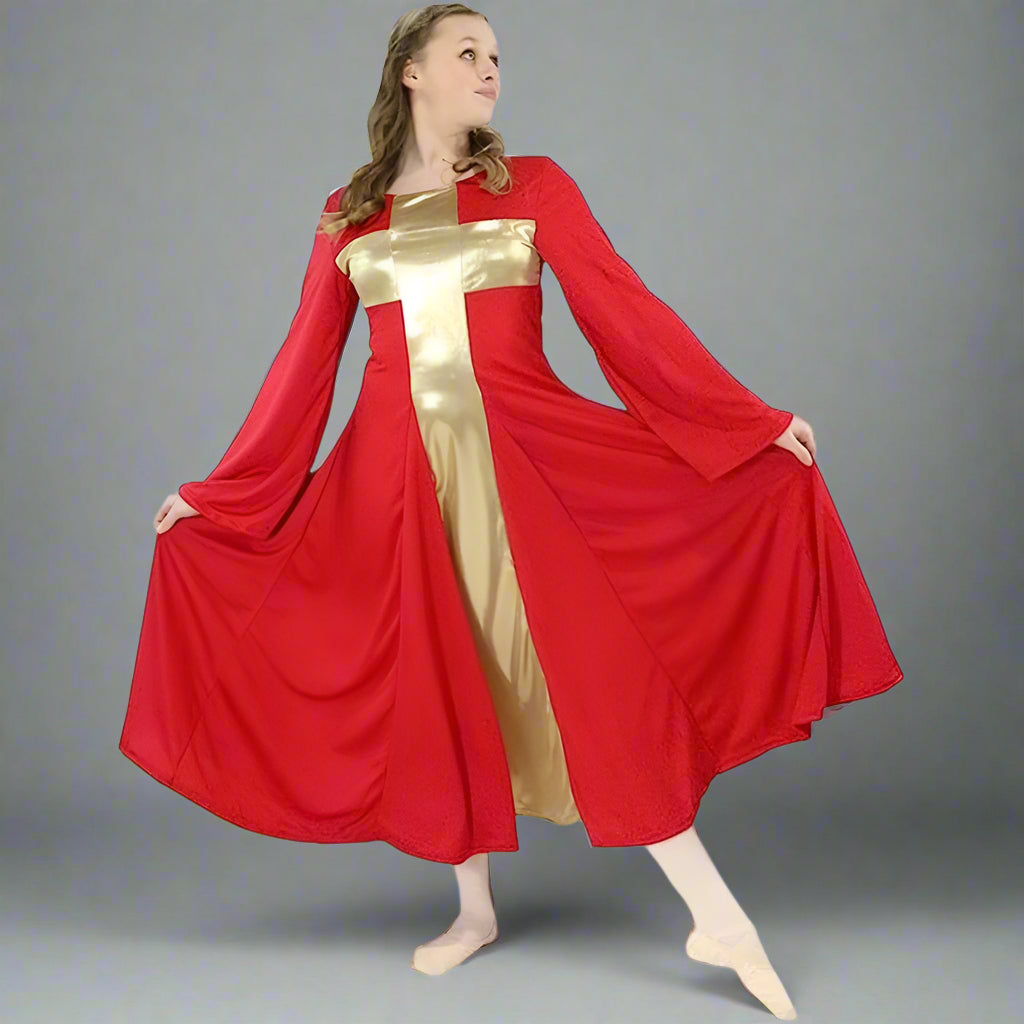 Danzcue Child Praise Cross Long Dress - Scarlet-Gold