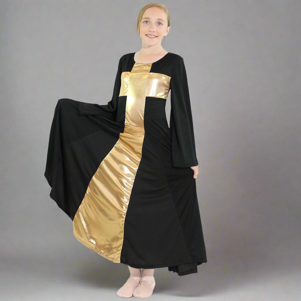 Danzcue Child Praise Cross Long Dress - Black-Gold