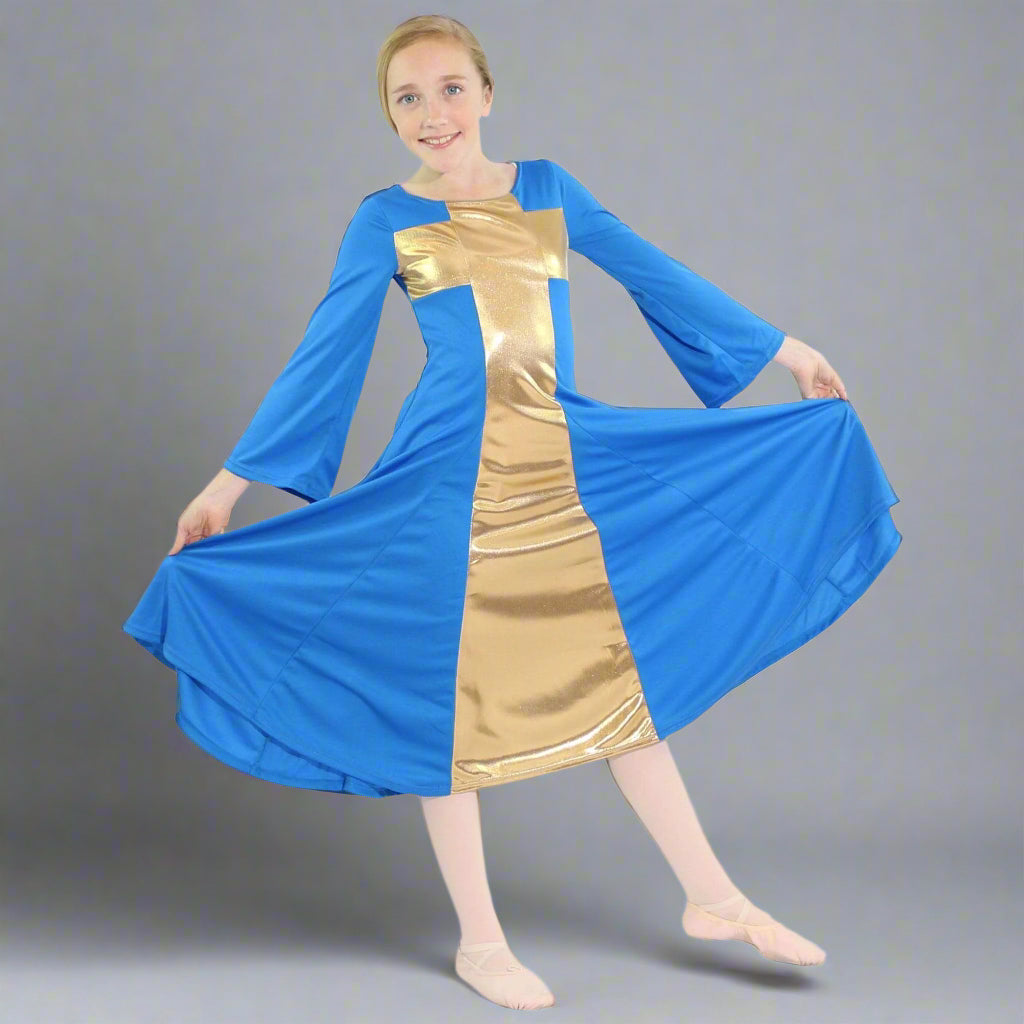 Danzcue Child Praise Cross Long Dress - Bright Royal-Gold
