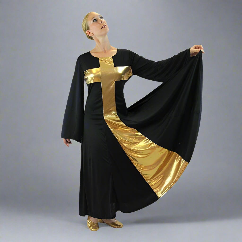 Danzcue Praise Dance Cross Long Dress - Black-Gold