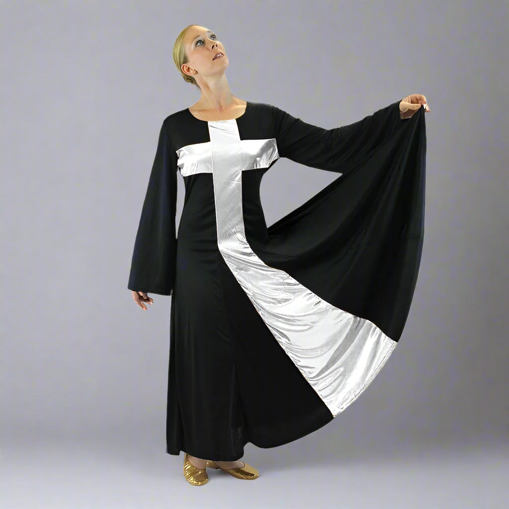 Danzcue Praise Dance Cross Long Dress - Black-Silver