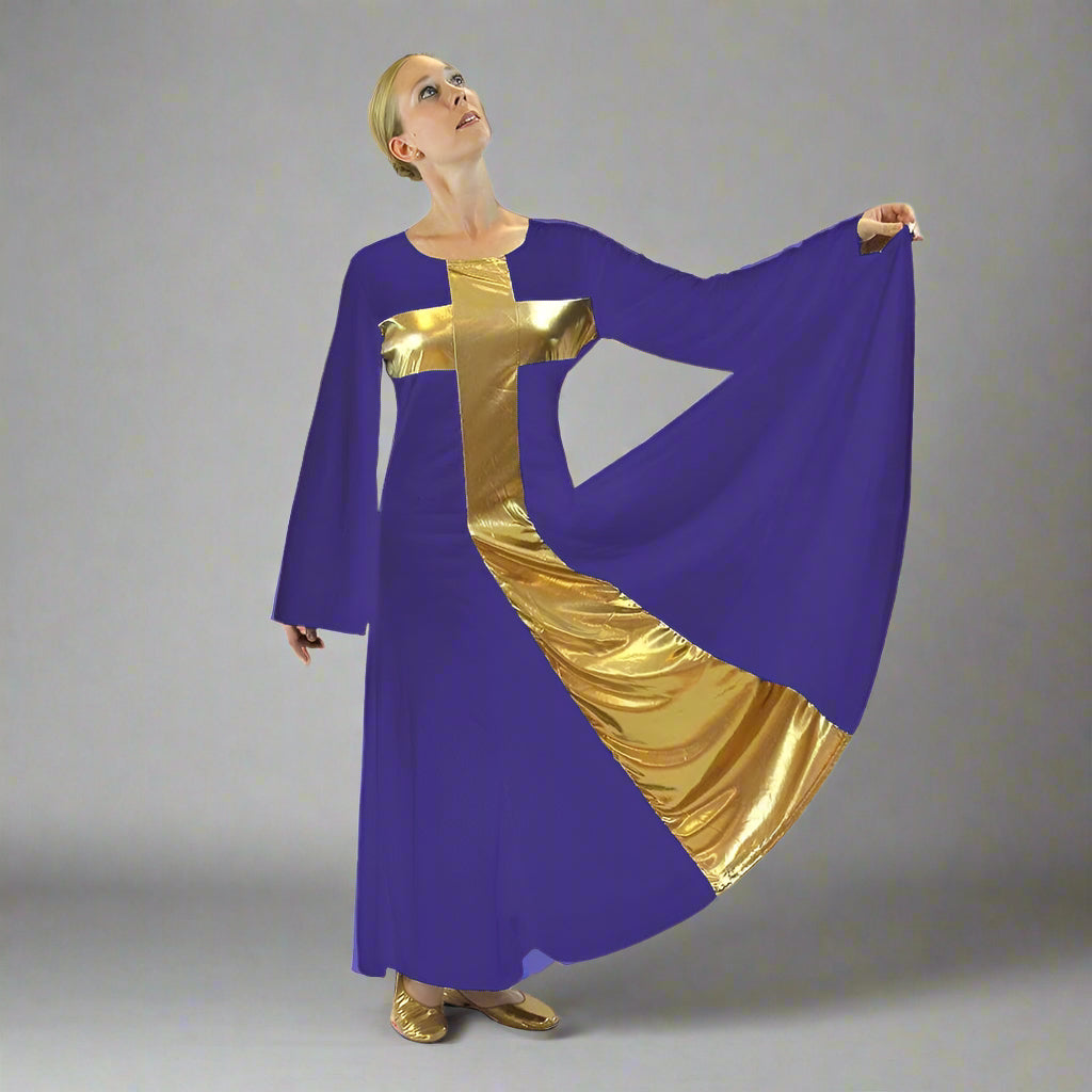 Danzcue Praise Dance Cross Long Dress - Deep Purple-Gold