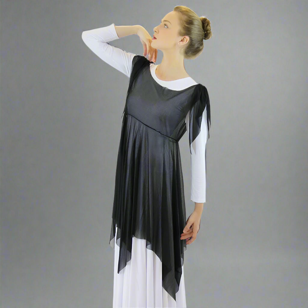 asymmetrical dance dress Mesh Tunic (dress not included) praise dance garments Size:us-2 Half Sleeves Mermaid Beaded Black Prom