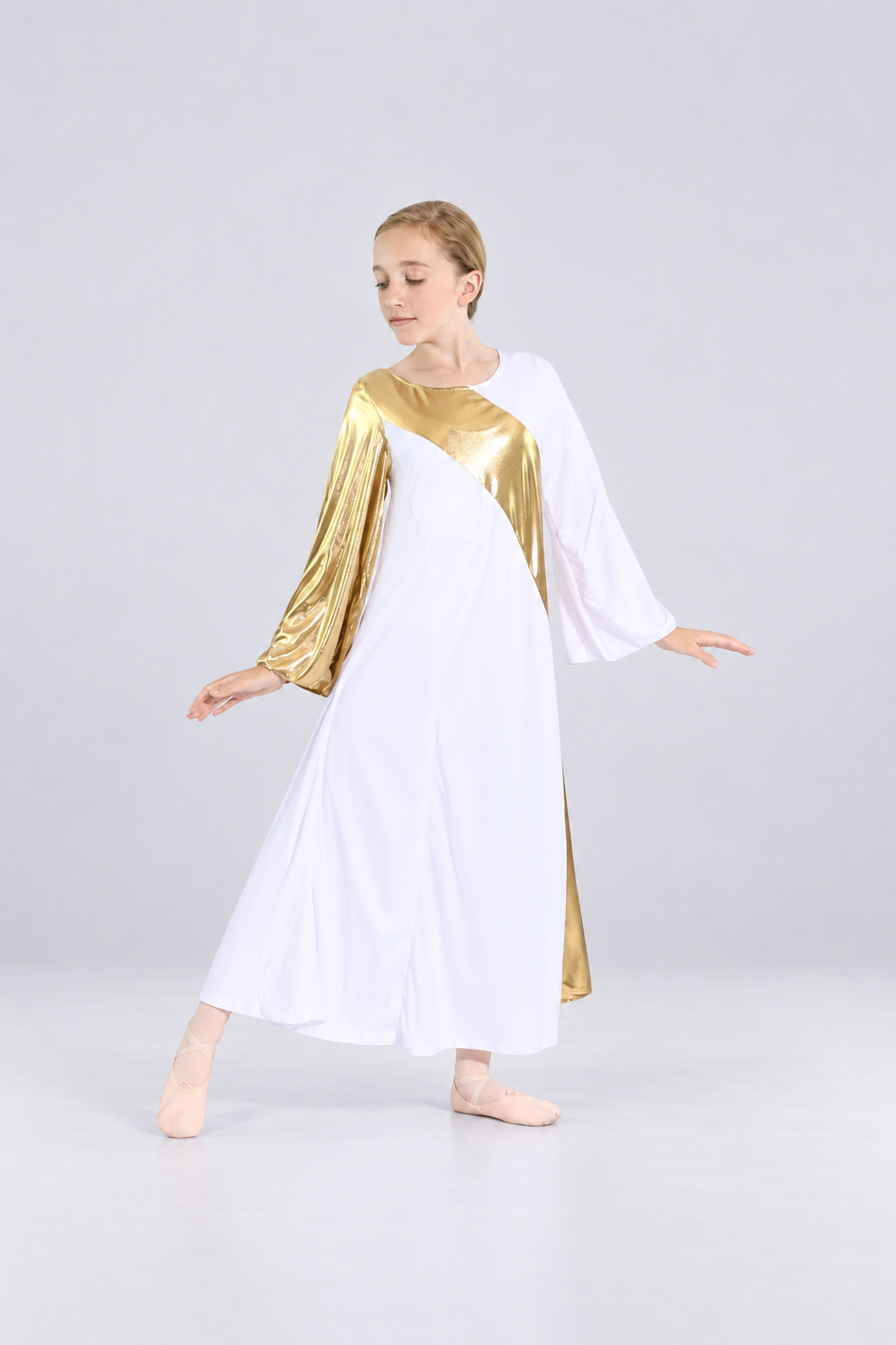 Child Asymmetry Gold Bell Sleeve Dance Dress