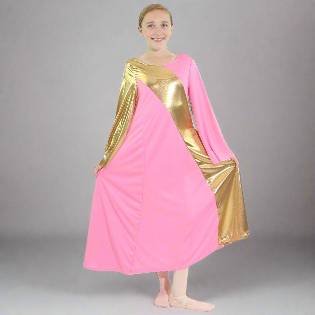Danzcue Child Praise Dance Asymmetrical Bell Sleeve Dress - Pink-Gold