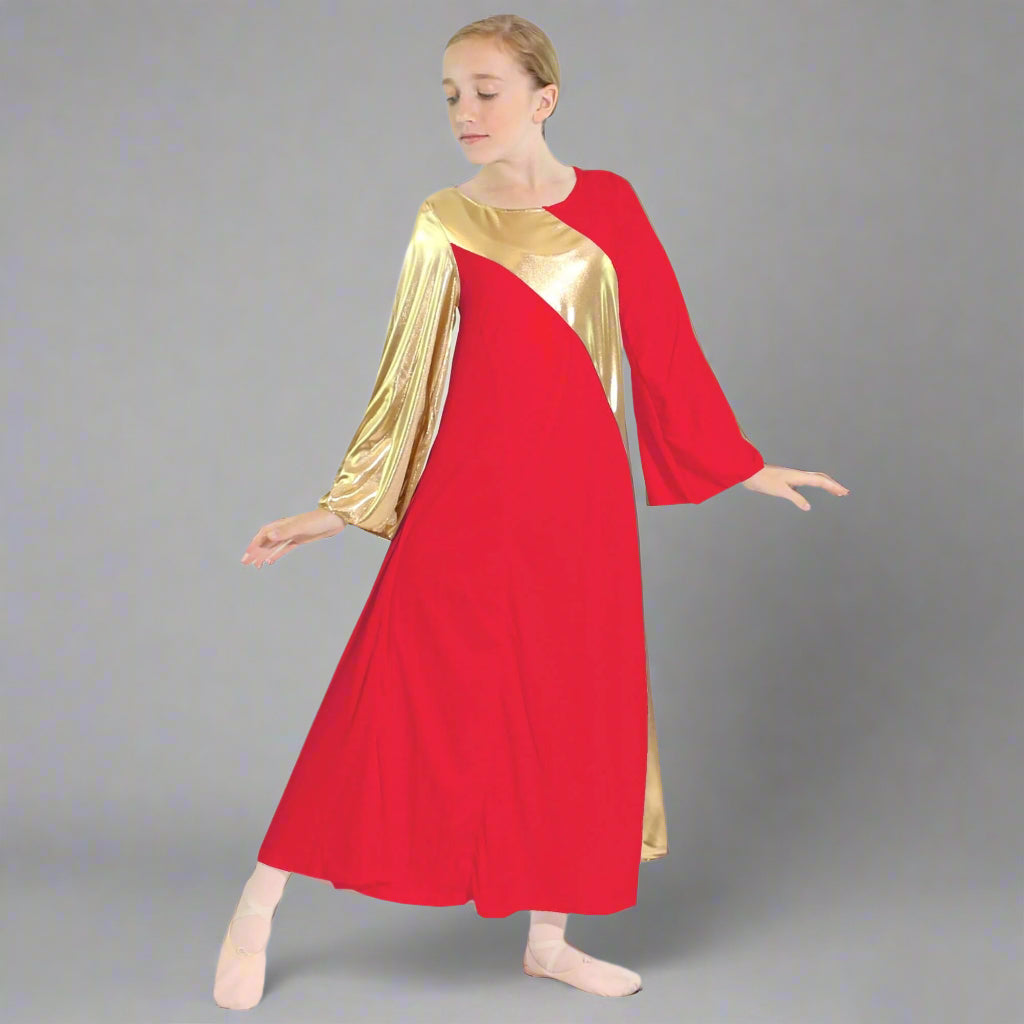 Danzcue Child Praise Dance Asymmetrical Bell Sleeve Dress - Scarlet-Gold