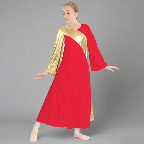 Danzcue Child Praise Dance Asymmetrical Bell Sleeve Dress - Scarlet-Gold