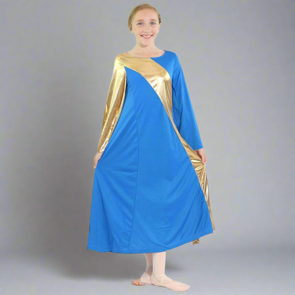 Child Asymmetry Gold Bell Sleeve Dance Dress Bright Royal-Gold / 12-14-Child