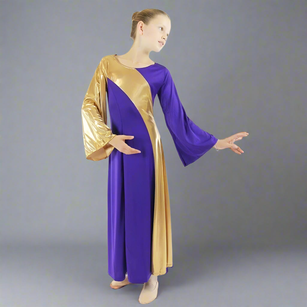 Danzcue Child Praise Dance Asymmetrical Bell Sleeve Dress - Deep Purple-Gold