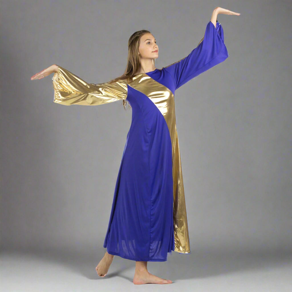 Danzcue Praise Dance Asymmetrical Bell Sleeve Dress - Deep Purple-Gold