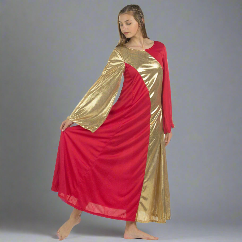 Danzcue Praise Dance Asymmetrical Bell Sleeve Dress - Scarlet-Gold