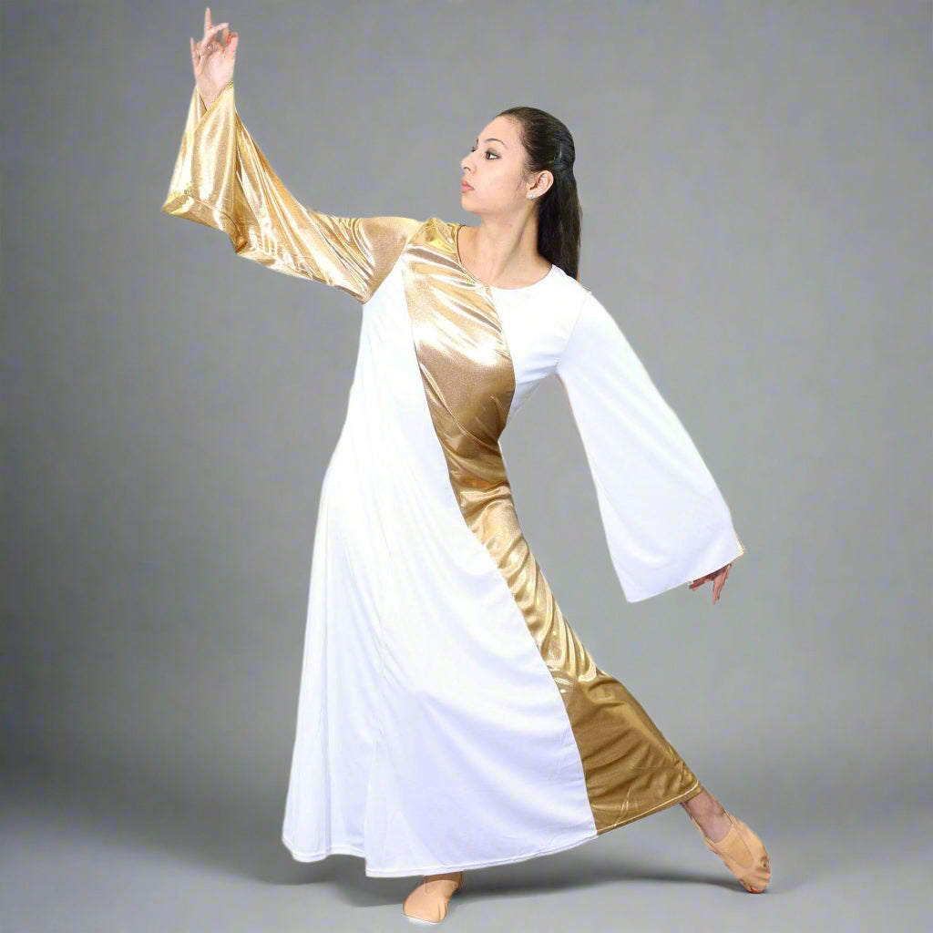 Danzcue Praise Dance Asymmetrical Bell Sleeve Dress - White-Gold