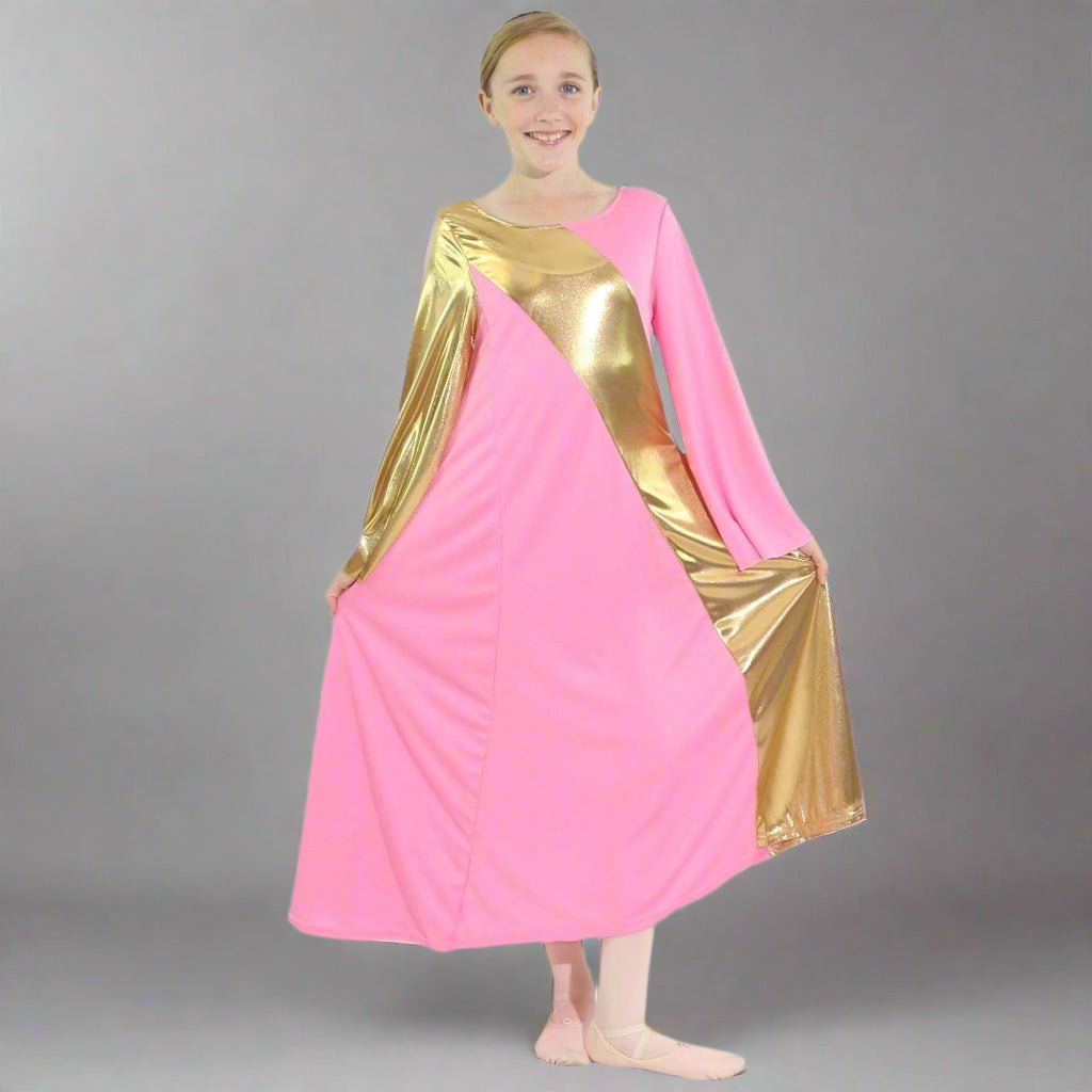 Danzcue Praise Dance Asymmetrical Bell Sleeve Dress - Pink-Gold