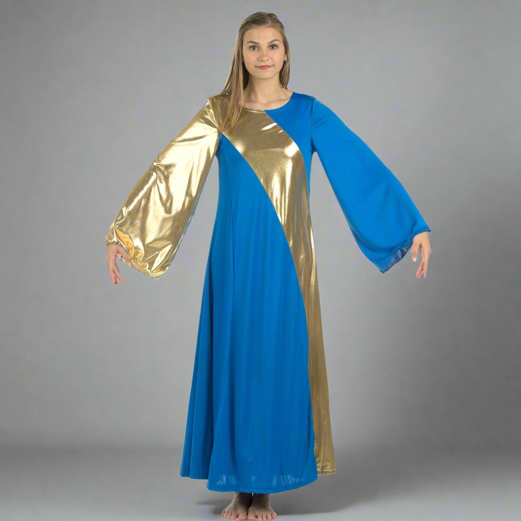 Danzcue Praise Dance Asymmetrical Bell Sleeve Dress - Bright Royal-Gold
