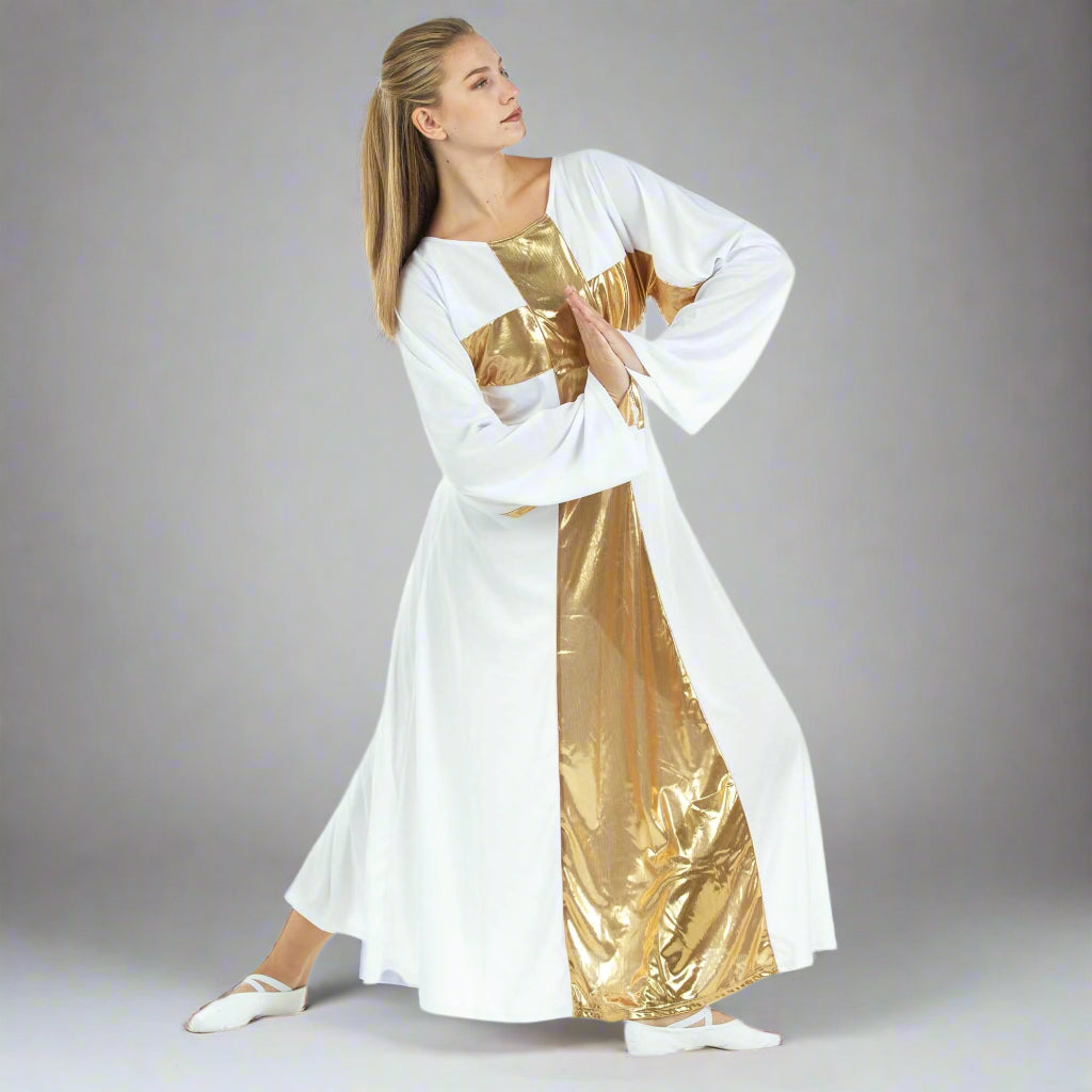 Danzcue Cross Robe Worship Dance Dress - White-Gold