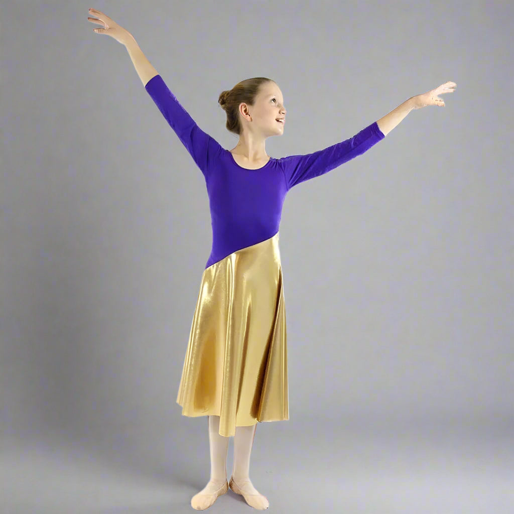 Danzcue Child Bi Color Long Sleeve Praise Dance Dress - Deep Purple-Gold