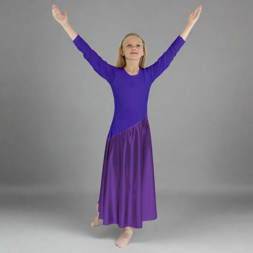 Danzcue Child Bi Color Long Sleeve Praise Dance Dress - Deep Purple-Metallic Deep Purple