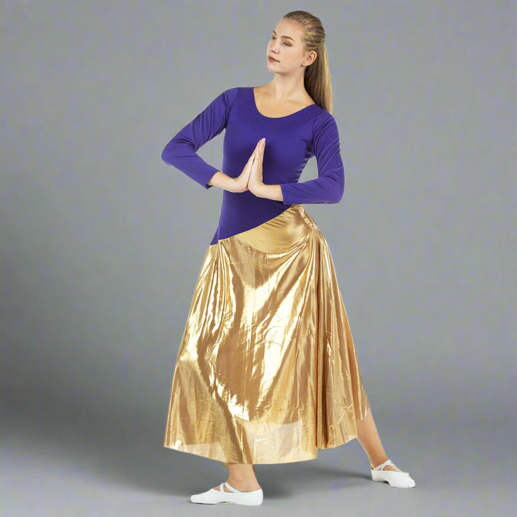 Danzcue Bi Color Long Sleeve Ministry Dance Dress - Deep Purple-Gold