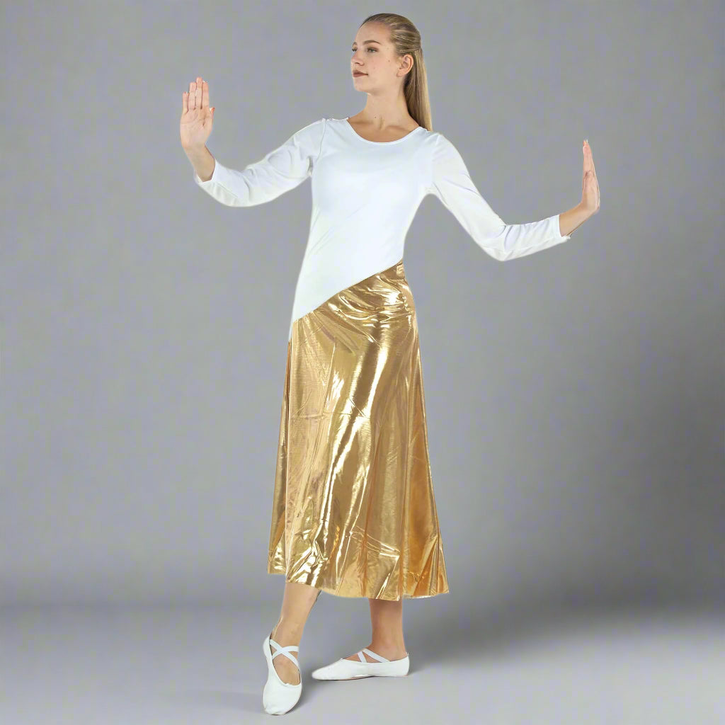 Danzcue Bi Color Long Sleeve Ministry Dance Dress - White-Gold