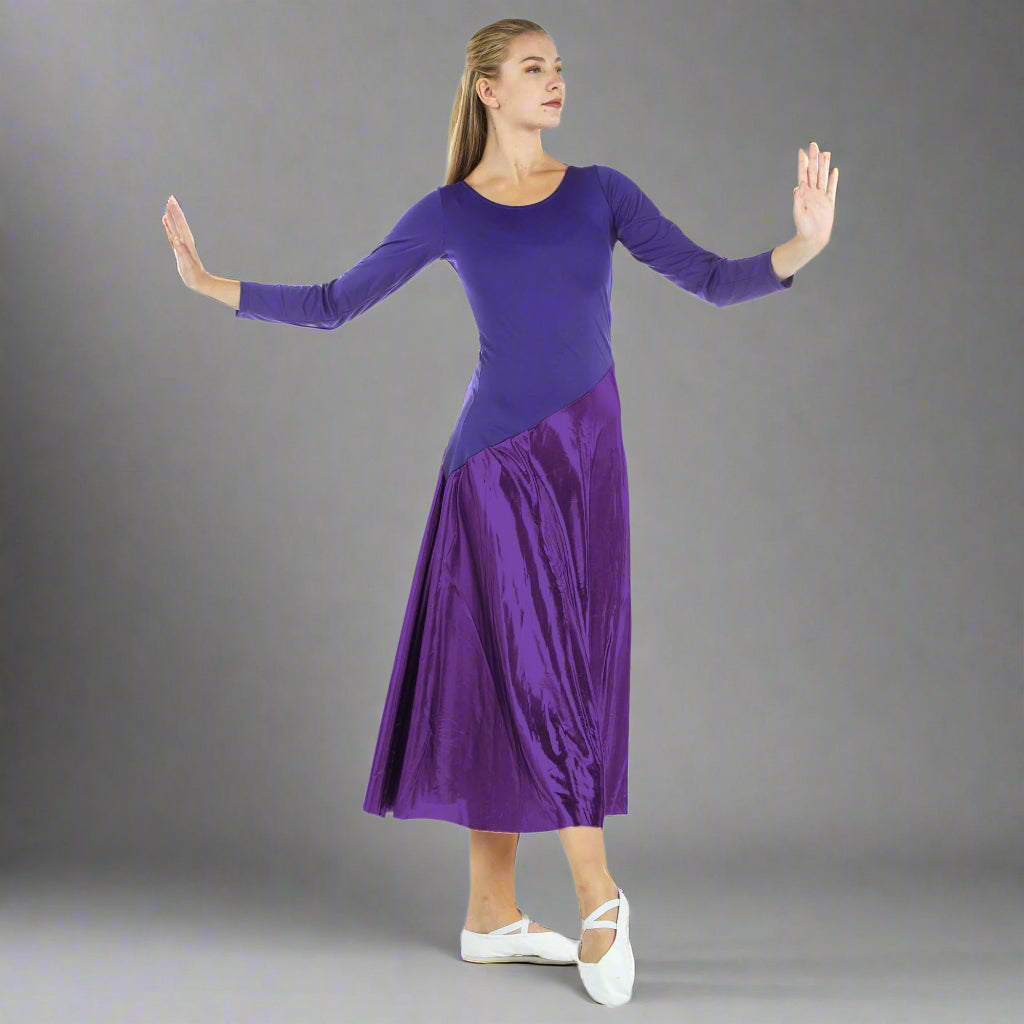 Danzcue Bi Color Long Sleeve Ministry Dance Dress - Deep Purple-Metallic Deep Purple