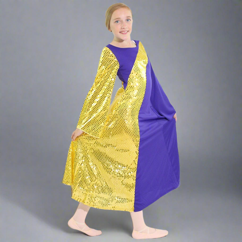 Danzcue Metallic Asymmetrical Bell Sleeve Child Praise Dance Dress - Deep Purple/Metallic Gold