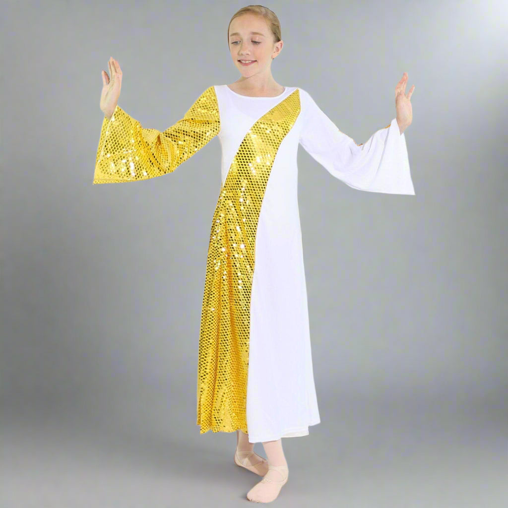 Danzcue Metallic Asymmetrical Bell Sleeve Child Praise Dance Dress