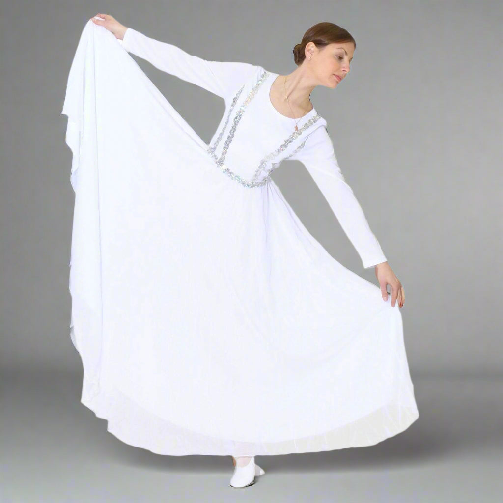 white praise dance dresses Round Neck Chiffon Hem Dress Tie Waist Long Sleeve The dress does not bridal inspo Material:rayon,acetate