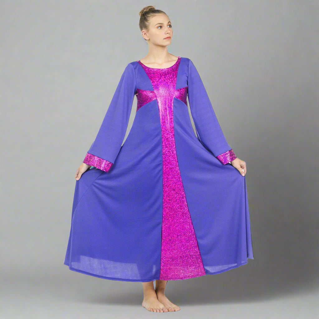 Danzcue Praise Dance Shimmery Cross Long Sleeve Dress - Deep Purple/Metallic Deep Purple