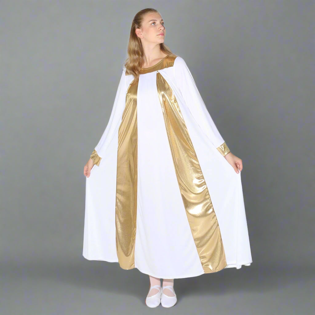 Danzcue Praise Shimmery Long Sleeve Dress - White/Gold