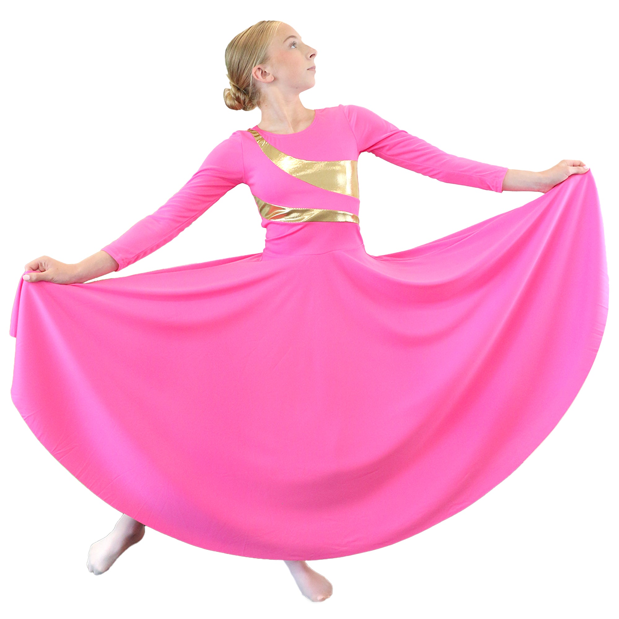 Child Diagonal Gold Stripe Long Sleeve Dance Dress