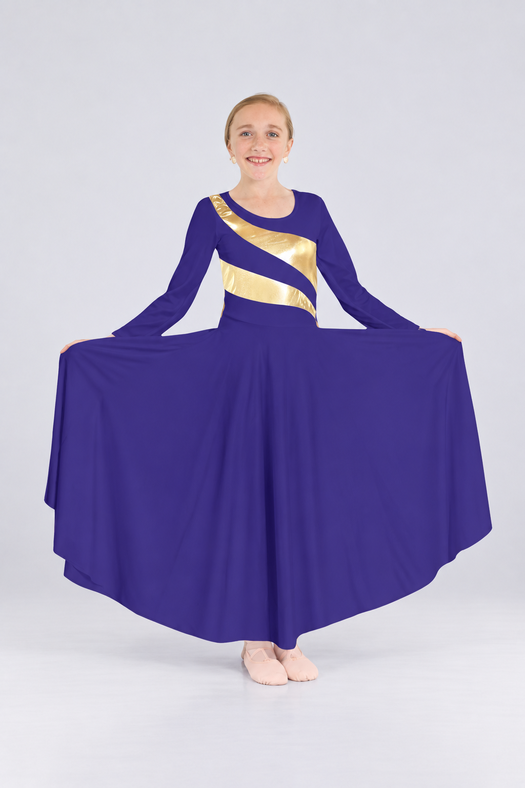 Child Diagonal Gold Stripe Long Sleeve Dance Dress